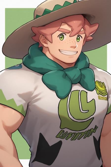 score_9, score_8_up, score_7_up, source_anime, Milo, 1boy, solo, green eyes, pink hair, hat, freckles, male focus, t-shirt, bara, muscular, smile<lora:detailed_notrigger:1><lora:Milo_-_Pokemon_Sword__Shield:1> <lora:Smoothanime:1>