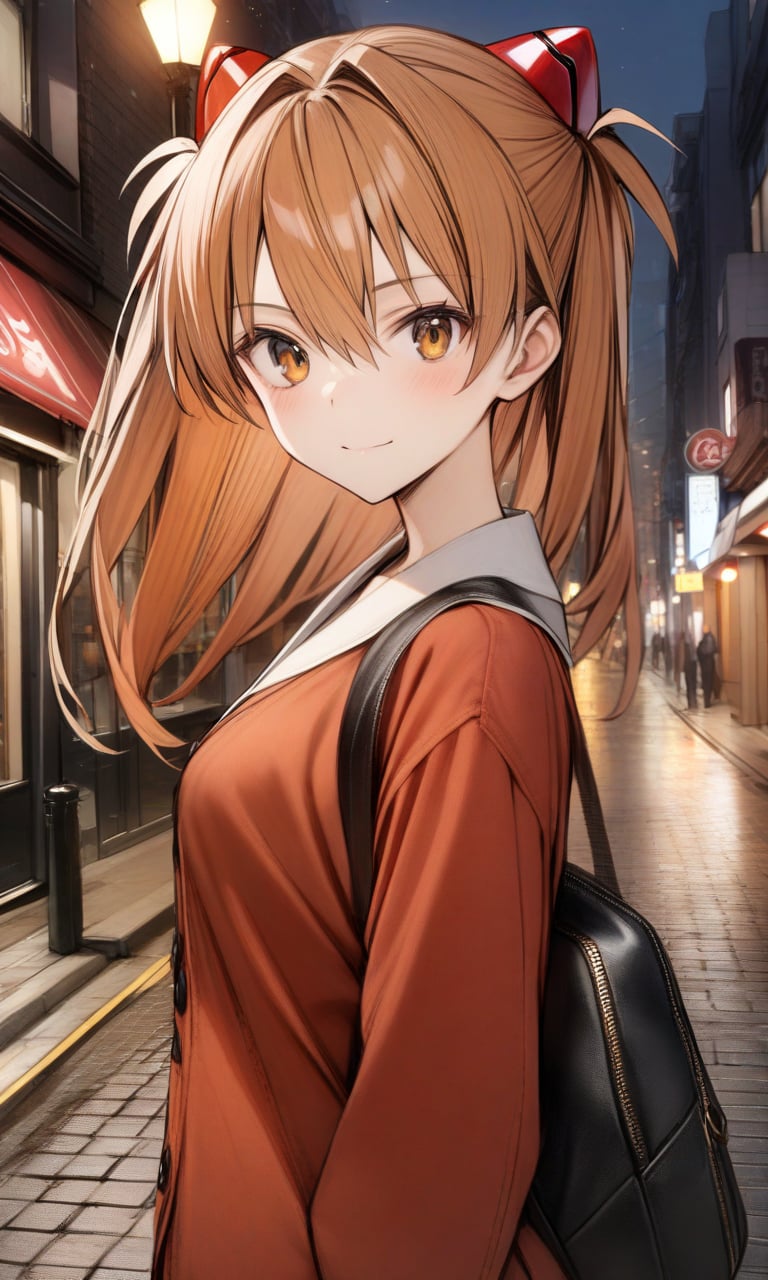 solo, 1girl, souryuu asuka langley, standing, looking at viewer, light smile, upper body, outdoors, street, night, masterpiece, best quality, very aesthetic, absurdres, nyatabe, <lora:Nyatabe_XL:1> 