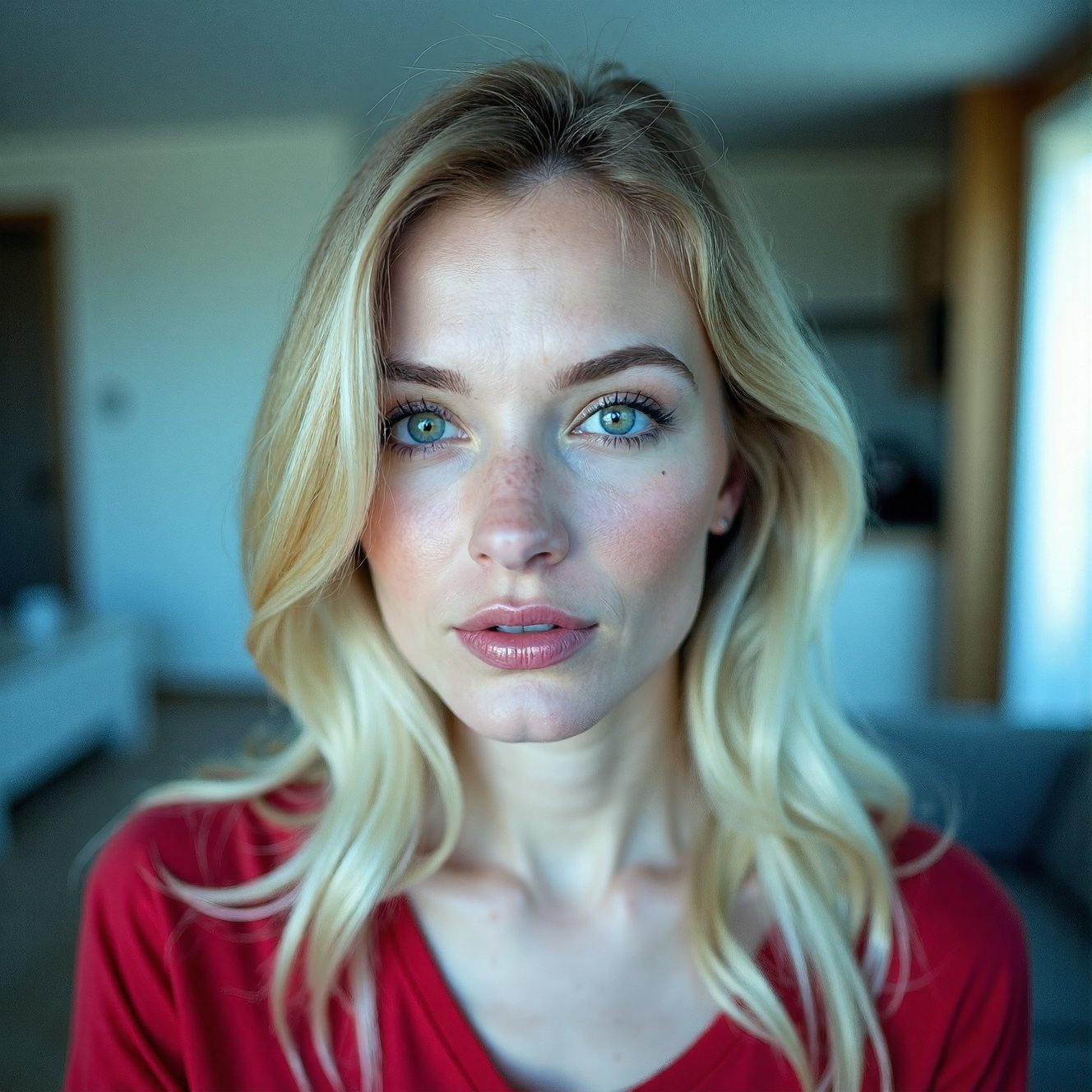 RAW photo, a candid full body portrait of a beautiful blonde woman wearing a (red shirt), 8k uhd, dslr, soft lighting, high quality, film grain, Fujifilm XT3small chin, (no freckles:0.5), (no cleft chin:1.5), perfect eyes, glowing irises, ((even eyes)), ((even pupils)), round iris, detailed pupils, light reflections, visible cornea, blood vessels, (wet skin:1.1), (sweat:1.1), white winter skin, wax skin, marble skin, pale skin, clear skin, [[skin blemishes]], skin pores, blush, flushed cheeks, [[[[[moles]]]]], wrinkles, [[[[vitiligo spots]]]], [[whiteheads]], [[[blackheads]]], [pimples], perfect hands, shiny bright eyes, centered pupils, blood vessels in sclera, detailed skin, [[oiled shiny skin]], beauty spots, skin fuzz, shine from within, hands off face, moles, nipples, not asian  <lora:FLUX_polyhedron_all_1300:1>