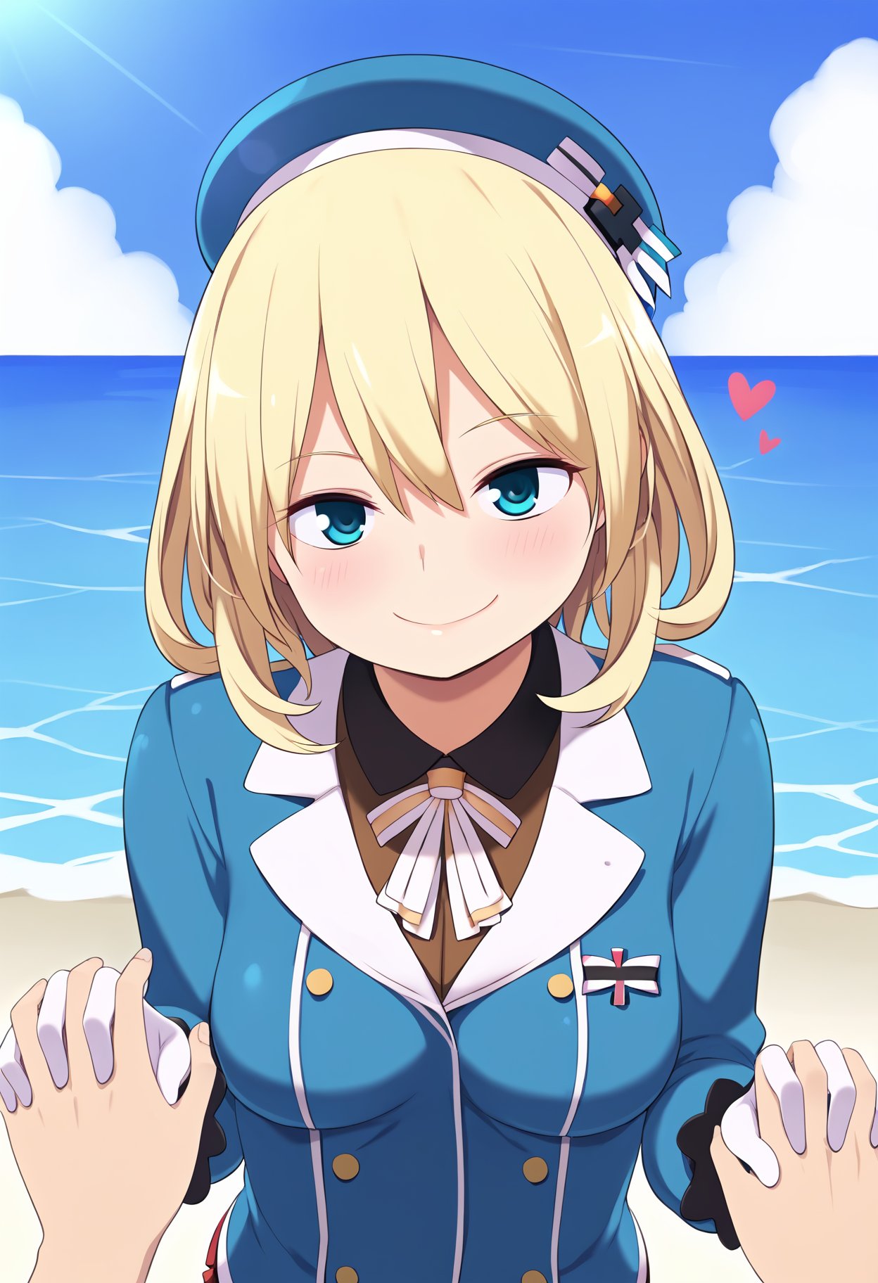 score_9, best quality, masterpiece, uncensored, source_anime, by nora higumaBREAKatago (kancolle), beret, blue jacket, blonde hair, pov, 1girl, smug, looking at viewer, upper body, standing, holding hands, outdoors, sky, sea, heart, white gloves<lora:nora_higuma_pony_v2:1>