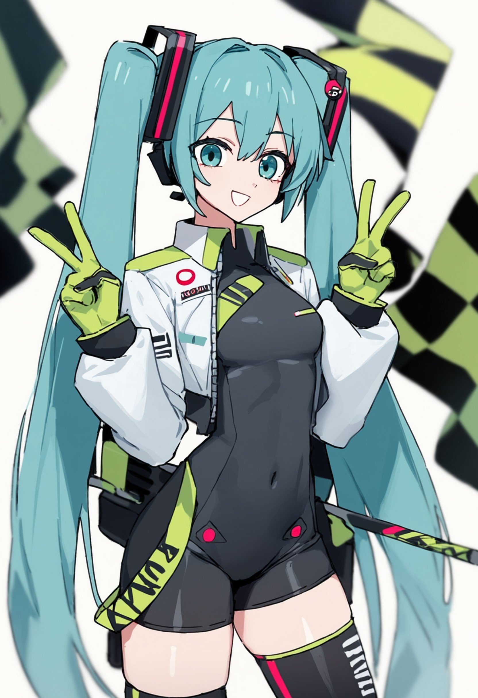 score_9,score_8,score_7_up,source_anime, <lora:ChannelStyle-000020:1>,hatsune_miku, racing_miku, racing_miku_(2022), channel_(_caststation), 1girl, aqua_eyes, aqua_hair, asymmetrical_bodysuit, black_bodysuit, black_gloves, black_thighhighs, bodysuit, bow, covered_navel, cowboy_shot, cropped_jacket, double_v, flag, gloves, green_flag, green_gloves, hair_between_eyes, hair_ornament, hands_up, holding, holding_flag, jacket, long_hair, long_sleeves, looking_at_viewer, multicolored_clothes, multicolored_gloves, print_bodysuit, puffy_long_sleeves, puffy_sleeves, simple_background, single_leg_bodysuit, single_thighhigh, smile, solo, standing, thighhighs, triangle_mouth, twintails, two-tone_gloves, v, very_long_hair, white_background, white_jacket, goodsmile_racing, vocaloid, absurdres, bad_id, bad_twitter_id, commentary, highres