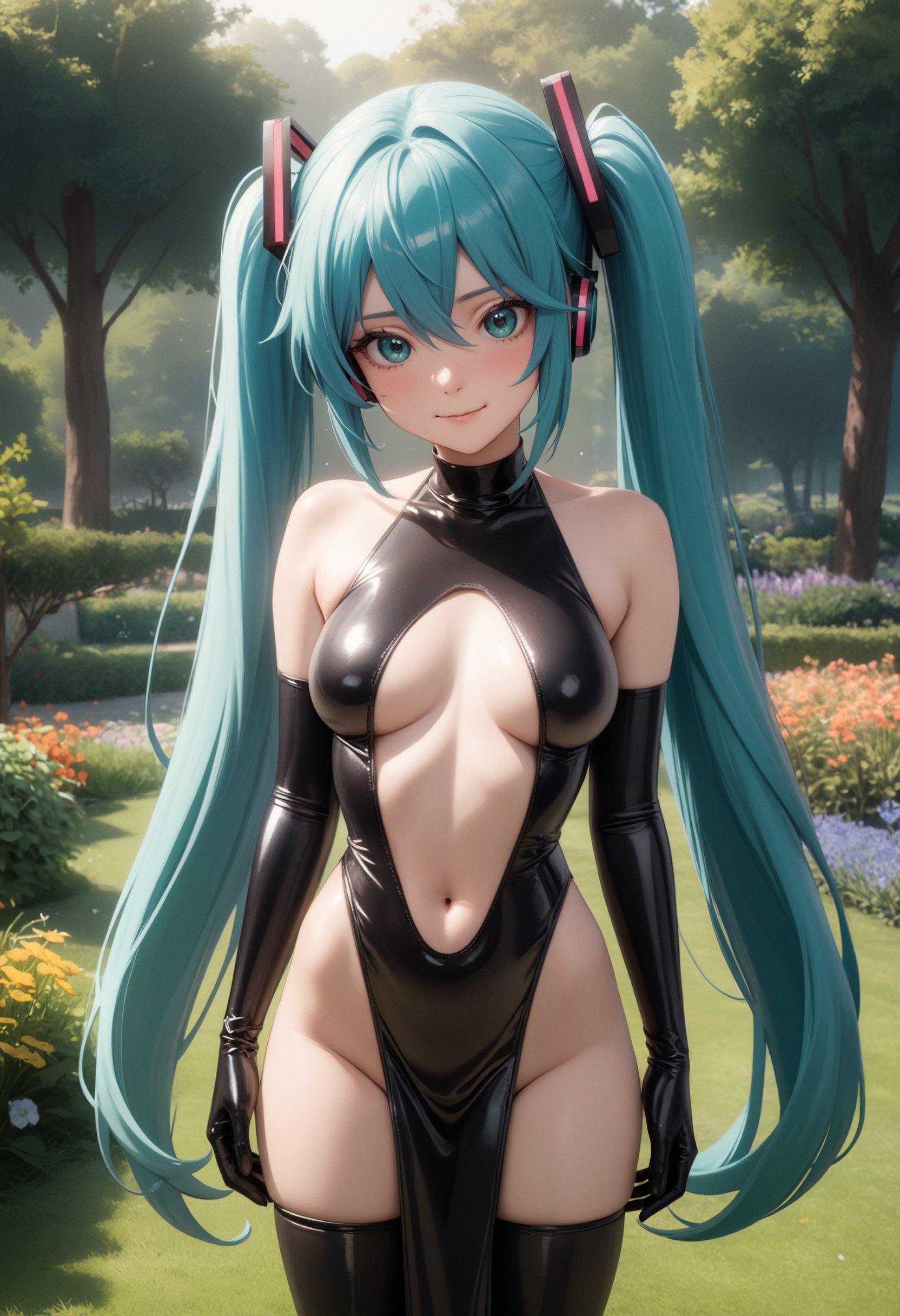 1girl, hatsune miku, black latex princess, thighhighs, elbow gloves, breasts apart, medium breasts, pelvic curtain, standing, cowboy shot, garden, grass, tree, masterpiece, best quality, very aesthetic, absurdres <lora:latex-princess-ot6-ani-1300:0.8>