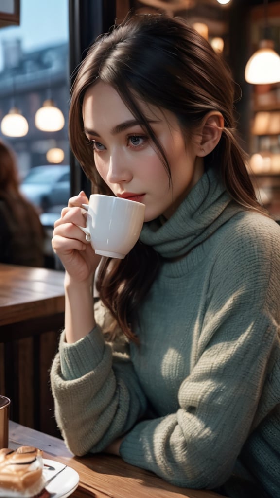 (photorealistic, masterpiece, best quality, highly detailed),1girl, 8k wallpaper, extremely detailed figure, amazing beauty, detailed characters, detailed background, aestheticism, sitting, winter, coffee shop, corner, coat, scarf, large breasts, gray hair, red eyes, emotionless, obedient, obedient, thick eyebrows, small nose, full lips, long eyelashes, delicate neck, slender shoulders, bare arms, delicate hands, long fingers, pointed nails, high cheekbones, oval face, smooth skin, rosy cheeks, cup of coffee, saucer, steam, warm, cozy, comfortable, relaxed, calm, quiet, peaceful, serene, contemplative, close-up, best quality, amazing quality, very aesthetic, absurdres <lora:IVI2:0.7>