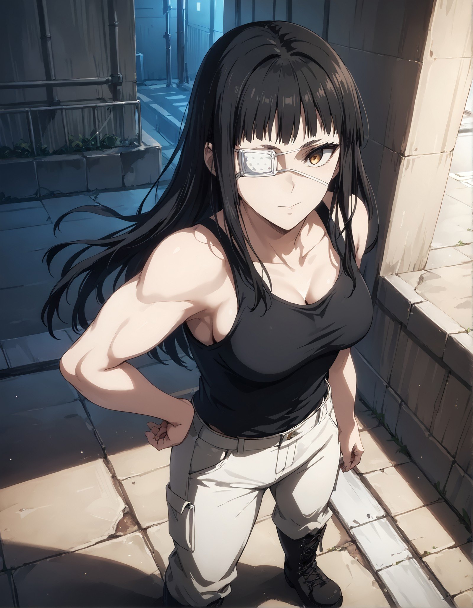 score_9, score_8_up, score_7_up,score_6_up,high resolution,source_anime,s0fiavalm3t,1girl,eyepatch,black hair,long hair,tank top,pants,boots,on a rooftop,volumetric lighting,rim lighting,dof,dramatic shadow,full body,dynamic pose,looking at viewer,pov,standing,hand on hip,from above