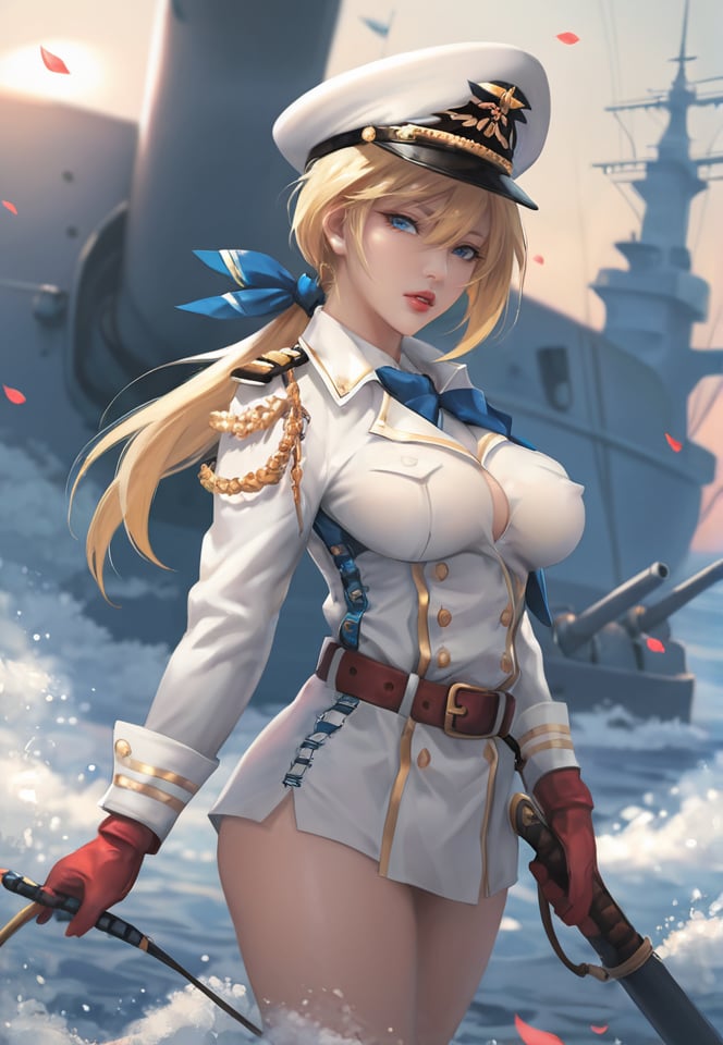 (best quality), ((masterpiece)), (highres), illustration, original, extremely detailed, <lora:ACG ART_V:0.7>military, 1girl, blue ribbon, belt, gloves, hat, blonde hair, blue eyes, weapon, breasts, military uniform, long hair, ribbon, ship, buttons, watercraft, peaked cap, large breasts, uniform, red gloves, hair ribbon, military hat, solo, sword, wind, blue bow, covered nipples, white headwear, looking at viewer, parted lips, hair between eyes, petals, sheath, long sleeves, turret, blurry, white jacket, red lips, bangs, jacket, low ponytail