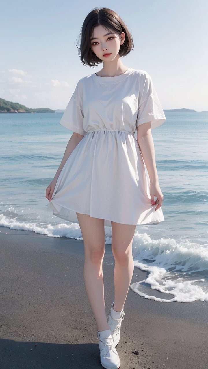 1girl, solo, dress, black hair, short hair, white dress, looking at viewer, ocean, standing, jewelry, white footwear, realistic, ring, full body