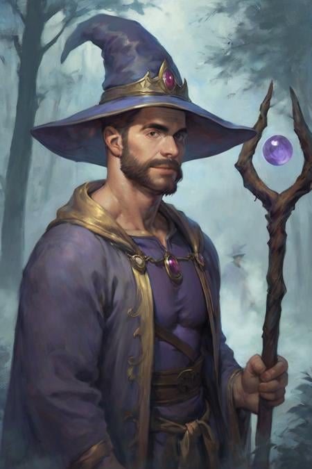 score_9, score_8_up, score_7_up, 1boy, solo, male focus, mature male, wizard, long hair, brown hair, black eyes, looking at viewer, hat, facial hair, beard, mustache, staff, wizard hat, purple hat, robe, purple robe, cloak, holding, holding staff, upper body, standong, outdoors,  forest, nature, tree, fog, dark background <lora:Impressionism Oil Painting Style LoRA_Pony XL v6:1>