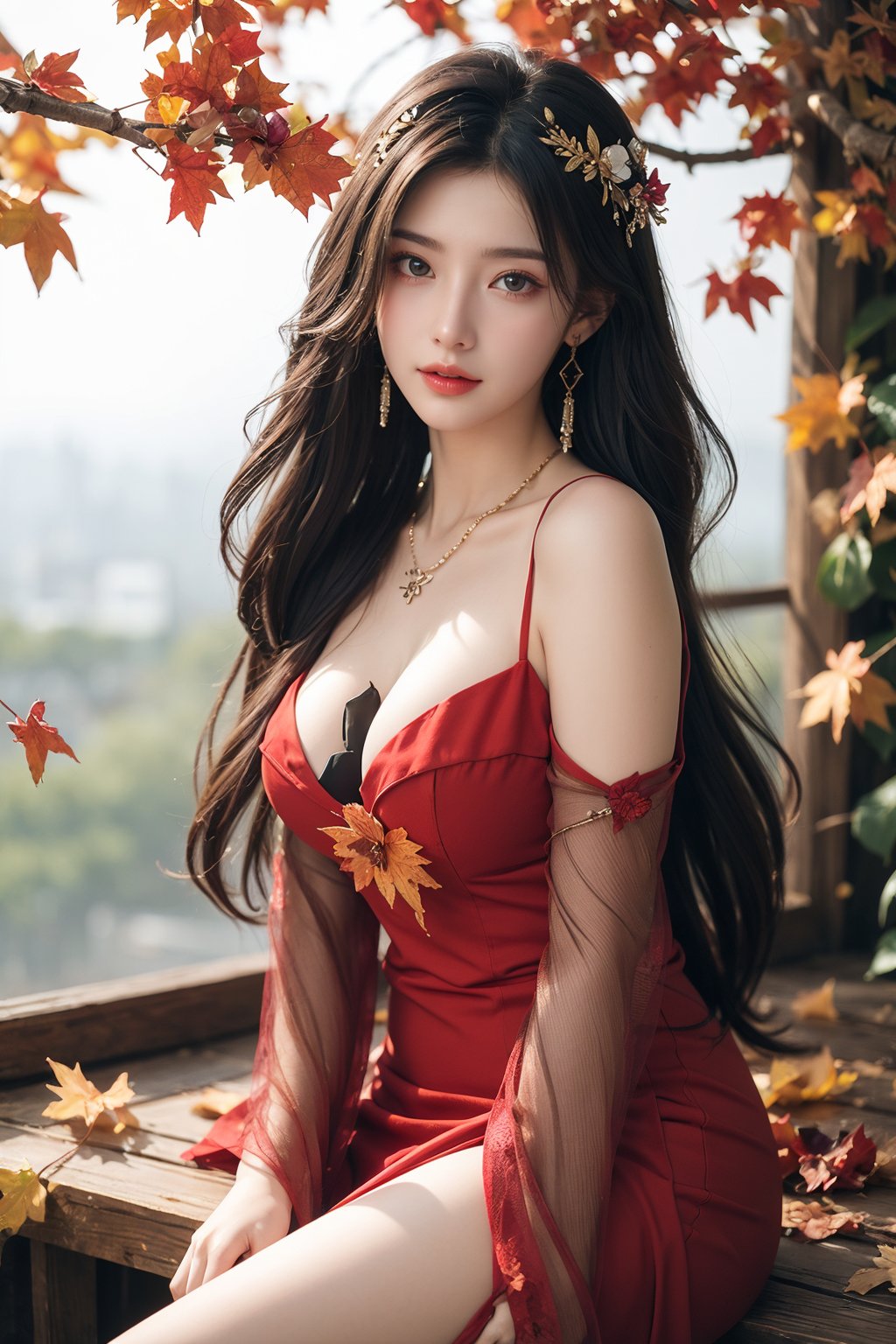 1girl, autumn leaves, bare shoulders, black hair, branch, breasts, cleavage, detached sleeves, dress, earrings, flower, hair ornament, jewelry, leaf, lily pad, lips, long hair, looking at viewer, maple leaf, necklace, petals, red dress, sitting, solo, tree, very long hair, waterflower <lora:美女:0.8>