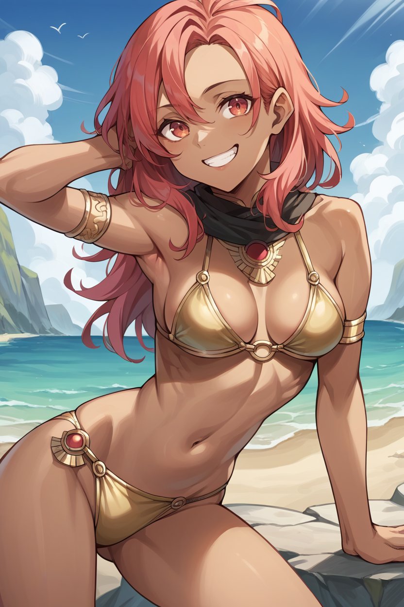 score_9, score_8_up, score_7_up, score_6_up, source_anime BREAK 1girl <lora:hapi-pdxl-nvwls-v1-000005:1> defHapi, dark skin, gold bikini, medium breasts, beach, armlet, looking at you, grin, blue sky