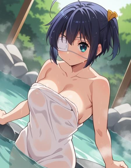 score_9, score_8_up, score_7_up, source_anime,rikkatakanashi, <lora:rikka-takanashi-s2-ponyxl-lora-nochekaiser:1>,rikka takanashi, short hair, blue eyes, black hair, ahoge, one side up, eyepatch, medical eyepatch,nude, naked, outdoors, onsen, towel, naked towel, steam, bathing, nude cover, partially submerged, water, bath, steam censor, wet towel,looking at viewer, cowboy shot, dutch angle, solo,