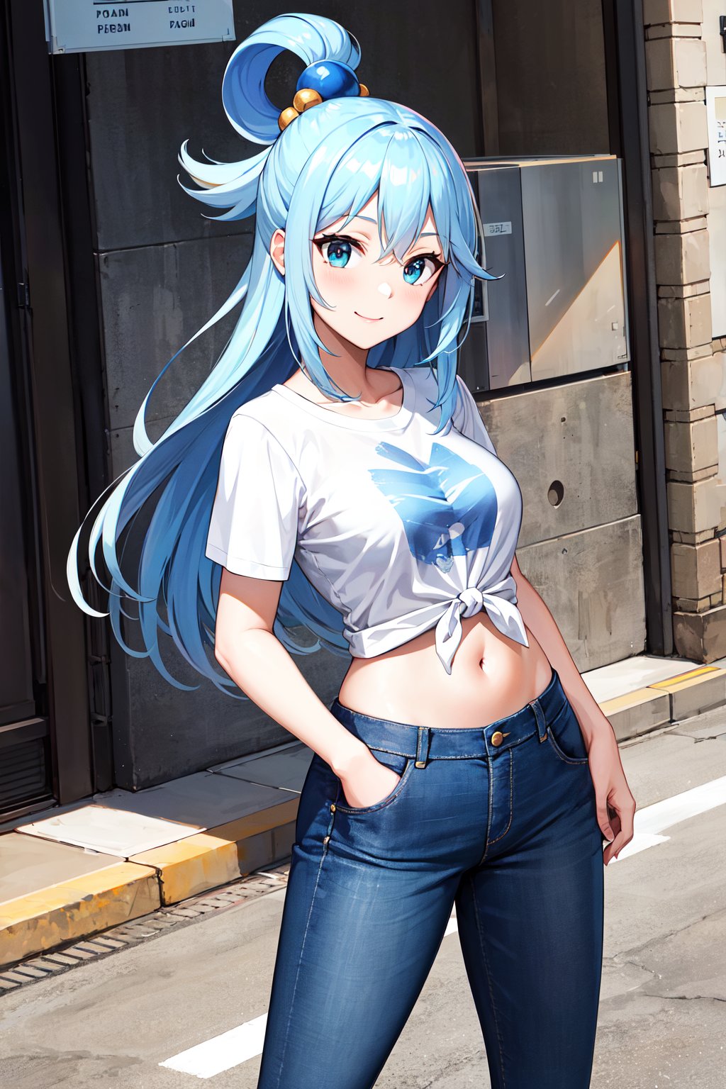 masterpiece, best quality, highres, aaaqua, long hair, blue hair, hair rings, hair ornament, <lora:aqua_(konosuba)_v1:0.7>, white shirt, t-shirt, tied shirt, midriff, jeans, street, hand in pocket, smile