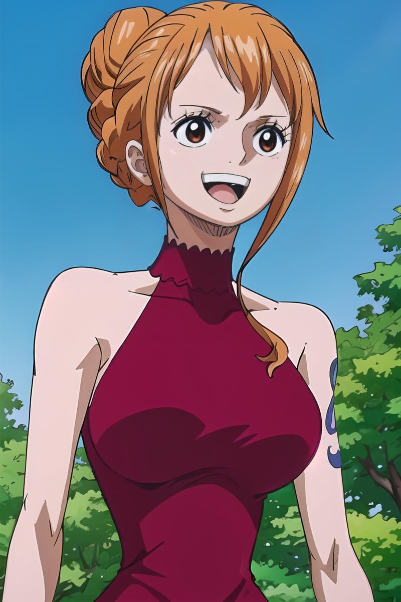 <lora:SC-OP_Nami_WCIRD:1>, opn4m1wcird, masterpiece, best quality, upper body, smile, short dress, single hair bun, sleeveless, outdoors, blue sky