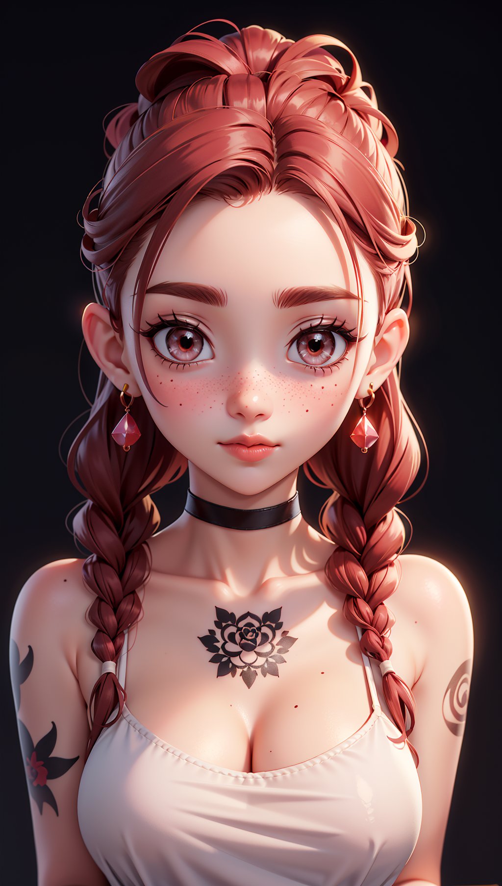 SFW,highest quality,woman,27 year old,backlighting,black choker,blurry background,blush,closed mouth,collarbone,earrings,forehead,freckles,hair over shoulder,jewelry,long hair,looking down,pointy nose,lips glossy,shadow,solo,thick eyebrows,thick eyelashes,upper body,red hair,braids,tattoos,tattoos on arms,black rose tattoos on neck,sun beams,warm light,cozy,((masterpiece)),