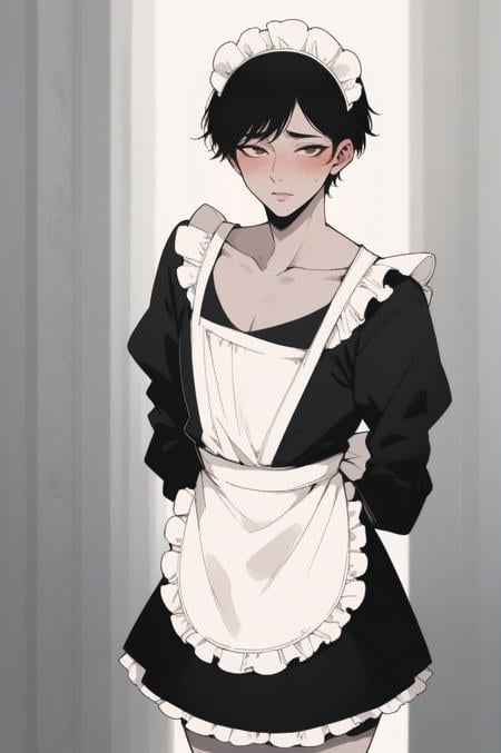 score_9, score_8_up, score_7_up,score_6_up,score_5_up,   <lora:NoctFlatStyle:0.5>femboy, male focus,  black hair, blush, looking at viewer, bangs, thighs, maid, maid headdress, , maid apron, standing, collarbone, greyscale,