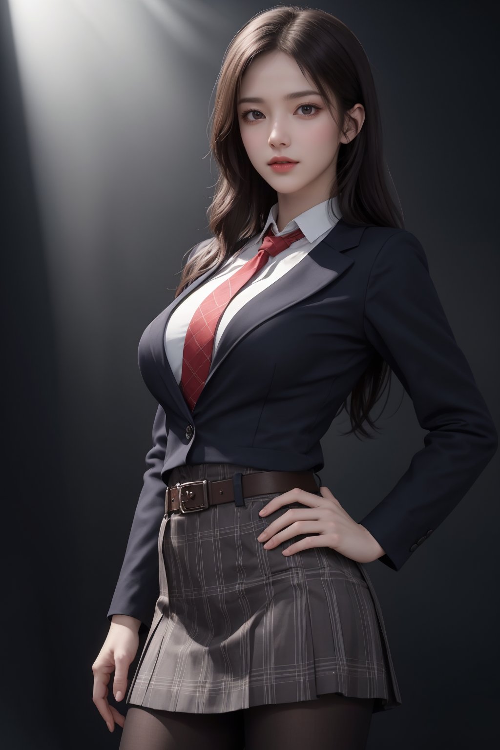 masterpiece,best quality,official art,extremely detailed CG unity 8k wallpaper,realistic,light rays,light particles,1girl,solo,skirt,pantyhose,plaid skirt,black hair,long  hair,pantyhose,standing,day,(simple background:1.2),necktie,dynamic pose,looking at viewer,cowboy shot,breasts,hand on hip,belt,lips, <lora:jk美女:0.8>