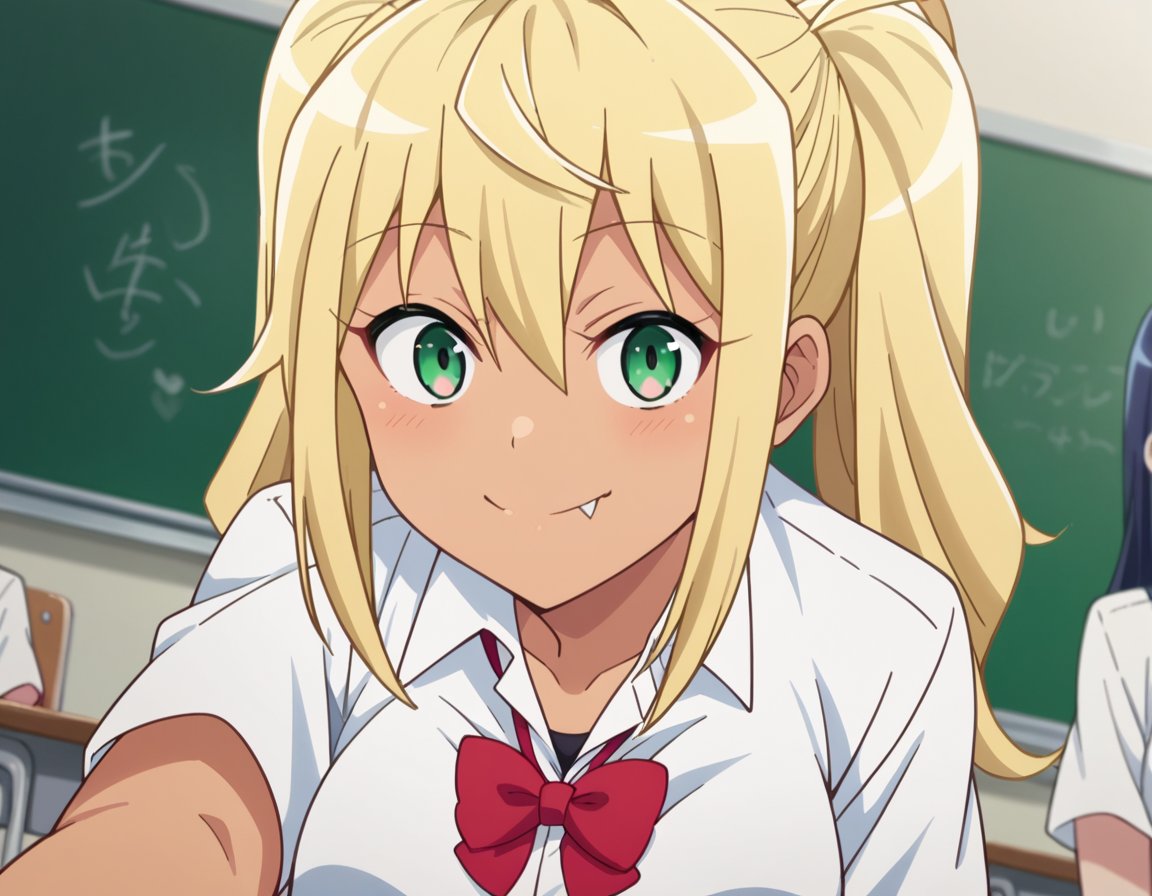 score_9, score_8_up, score_7_up, source_anime,hibikisakura, <lora:hibiki-sakura-s1-ponyxl-lora-nochekaiser:1>hibiki sakura, long hair, blonde hair, hair between eyes, twintails, green eyes, fang, dark skin, dark-skinned female, gyaru, mature female,skirt, shirt, bow, school uniform, white shirt, short sleeves, collared shirt, bowtie, red bow, red bowtie,indoors, classroom, smile, bent over,looking at viewer, dutch angle, cowboy shot