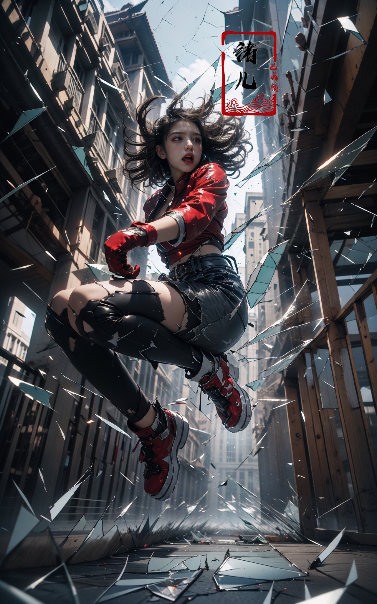 jumping，midair, (1girl, solo:1.2), open mouth, outdoors, building, (broken glass:1.5), shoes, (red gloves:1.3),Glow, reflective glass, light pollution，<lora:绪儿-跳跃构图 jumping:0.8> 