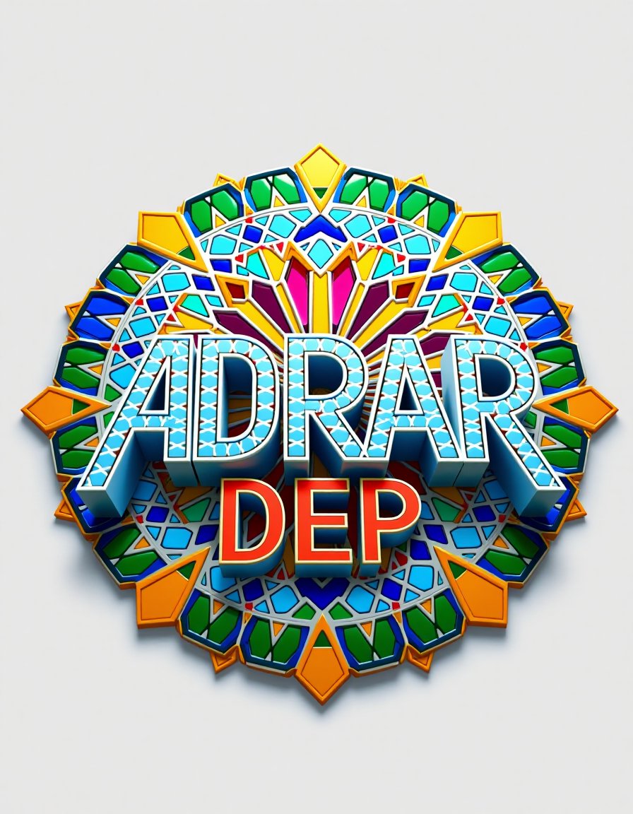 "ADRAR DEP" TEXT LOGO, 3d text, breathtaking, award-winning, professional, highly detailed, vivid colors, intricate designs, colorful, patterns, intricate, rich colors, <lora:Zellij_Flux:1> adrr-zllj, mosaic tilework 