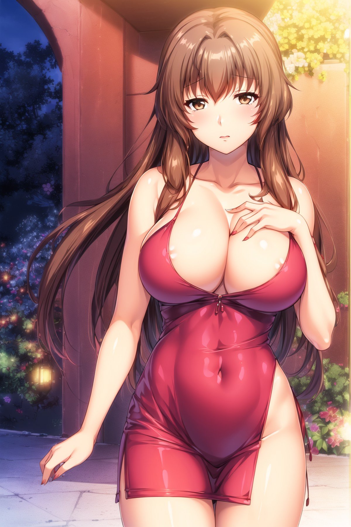(Night:1.7), Cyberpunk_CityView, Before Window,(Standing:1.7) at attention,Red_dress,<lora:Sayoko_Asatsuyu_Tsumamigui3-KK77-V1:0.7>,bare legs,brown_hair,brown_eyes,Bangs,1 girl, 20yo,mature female,Beautiful Finger,Beautiful long legs,Beautiful body,Beautiful Nose,Beautiful character design, perfect eyes, perfect face,looking at viewer, (innocent_big_eyes:1.0),(expressionless:1.3),NSFW,official art,extremely detailed CG unity 8k wallpaper, perfect lighting,Colorful, Bright_Front_face_Lighting,(masterpiece:1.0),(best_quality:1.0), ultra high res,4K,ultra-detailed,photography, 8K, HDR, highres, absurdres:1.2, Kodak portra 400, film grain, blurry background, bokeh:1.2, lens flare, (vibrant_color:1.2)(Beautiful,large_Breasts:1.4), (beautiful_face:1.5),(narrow_waist), 