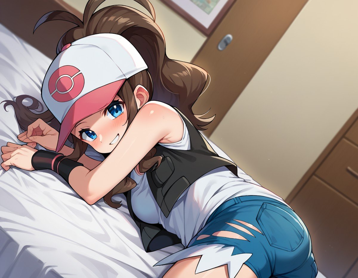 score_9, score_8_up, score_7_up, source_anime,pokemonhilda, <lora:pokemon-hilda-ponyxl-lora-nochekaiser:1>pokemonhilda, blue eyes, brown hair, long hair, ponytail, smile,baseball cap, blue shorts, denim, hat, shorts, vest, wristband, sleeveless, black vest, white shirt, shirt,indoors, bed, bed room, on side, blush, drunk,looking at viewer, dutch angle, cowboy shot,