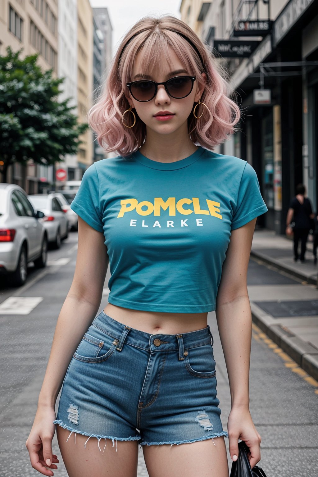 A teenage girl, wearing headphones, no one else in the background, delicate features, big eyes, wearing sunglasses, tall nose bridge, sexy lips, cute earrings, sexy body, 9 heads, golden ratio, bangs, slightly curly wavy hair, light pink hair, tall chest, pink printed T-shirt, denim hot pants, canvas shoes, vintage style, 90s style, nostalgia style, comic book style, magazine covers <lora:Pikachu T Shirt_20230805184254:0.8>Pikachu T-Shirt,pikachu,yellow shirt,large breasts,midriff, a very pretty girl,light blue hair,The background is a busy street,Du Qiong,Anime 5 sleep,computer graphics,sots art,big and nice chest,super big chest,Tight chest,Tight clothes,Wearing a light blue tight T-shirt,Various light blue skirts,Square Walk,Ray Tracing,Bright,It's drizzling,Upper Body Close-up,, (best quality:1.3)