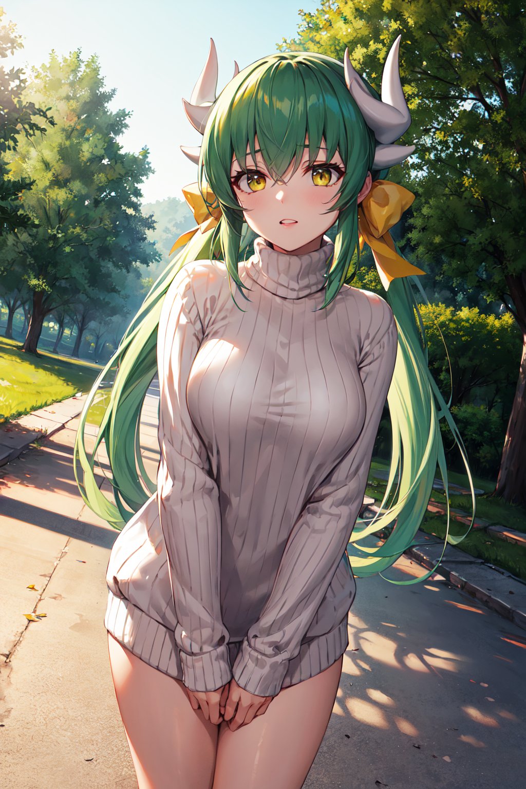 masterpiece, best quality, highres, aakiyo, long hair, low twintails, green hair, white horns, hair bow, yellow bow, yellow eyes, <lora:kiyohime_(lancer)_v1:0.7>, sweater, ribbed sweater, cowboy shot, outdoors