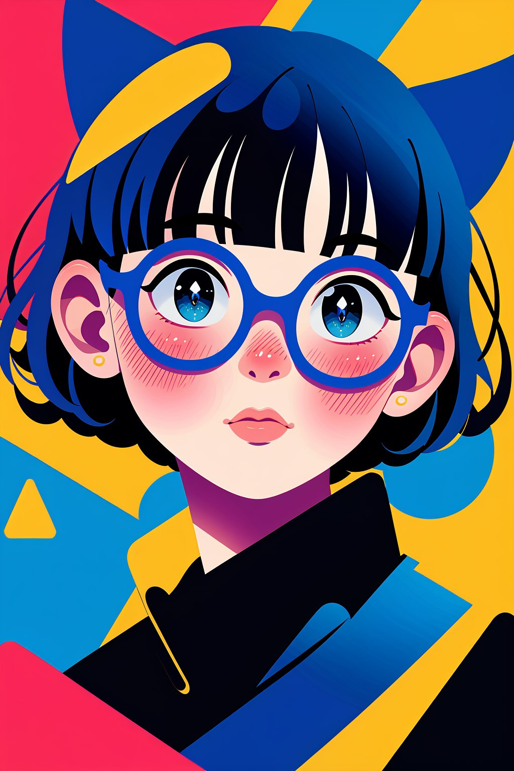 1girl,bangs,blue eyes,looking at viewer,blunt bangs,portrait,short hair,blue hair,black hair,cat ears,pink-tinted eyewear,blush,Memphis,masterpiece,best,<lora:孟菲斯_Memphis:0.8>,