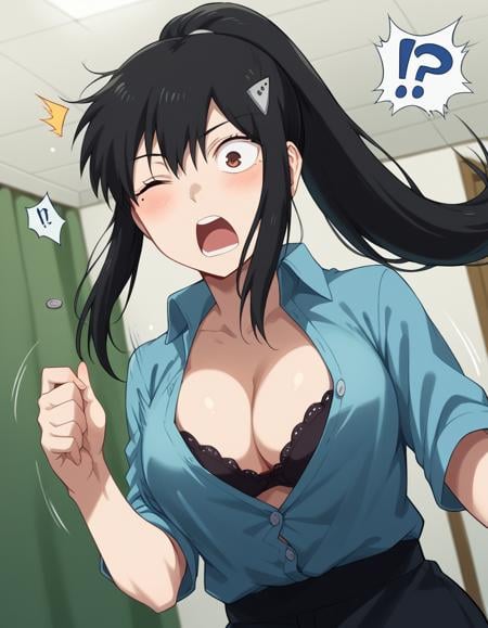 score_9, score_8_up, score_7_up, source_anime, <lora:mina-ashiro-s1-ponyxl-lora-nochekaiser:1>, mina ashiro, long hair, black hair, hair ornament, brown eyes, ponytail, mole, mole under eye,, <lora:flying-button-ponyxl-lora-nochekaiser:1>, flying button, popped button, bursting breasts, wardrobe malfunction, button gap, bra peek, surprised, motion blur, shirt, cleavage, motion lines, ?!, indoors, blush, open mouth, one eye closed,, , cowboy shot, dutch angle