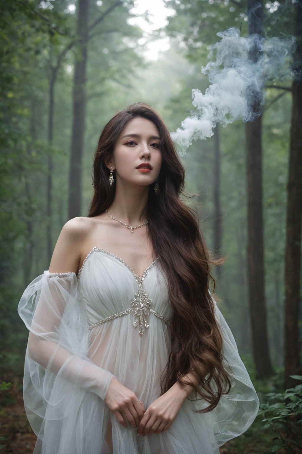 sweater, hubg_beauty_girl,perfect hands, Exquisite features,Beautiful and moving,Glamorous,Flowing hair,Smoke,mist surrounds the attractive figure,hubg_jsnh, A misty forest, A sexy figure,Long,floating hair,big hair,hair strand,Verism,chiaroscuro,cinematic lighting,depth of field,sparkle,reflection light,first-person view,pov,three sided view,UHD,anatomically correct,ccurate,textured skin,super detail,high details,award winning,best quality,high quality,retina,HD,16k,flat abdomen, crystal_earrings,headwear,clover_hair_ornament,jewelry_necklace,tassel,arm_garter,pendant,