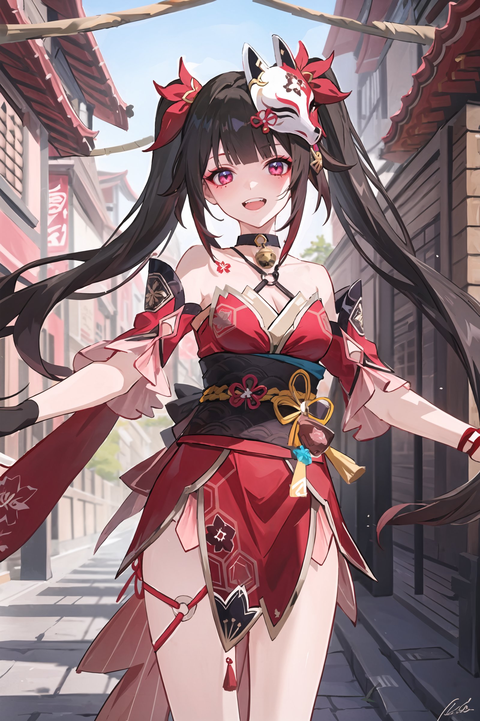 1girl, sparkle \(honkai: star rail\), twintails, hair ornament, solo, off shoulder kimono, mask on head, detached sleeves, choker, obi, single glove, wristband, criss-cross halter, thigh strap, cowboy shot, standing, looking at viewer, laughing, street, east asian architecture, outdoors, depth of field