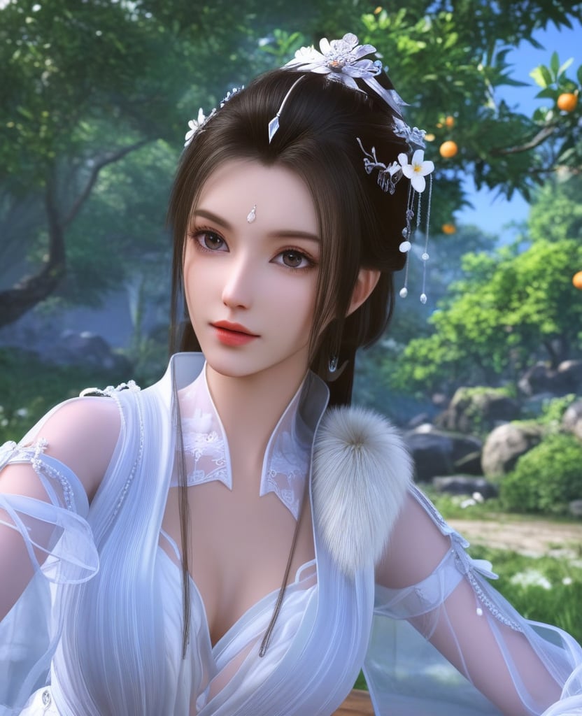 <lora:612-DA-XL-少年白马醉春风-玥瑶:0.8>(,1girl, ,best quality, ),looking at viewer,  ,ultra detailed background,ultra detailed background,ultra realistic 8k cg,, ,masterpiece, (( , )),, ,      ,  orange blossoms,  (cleavage), (), ,,