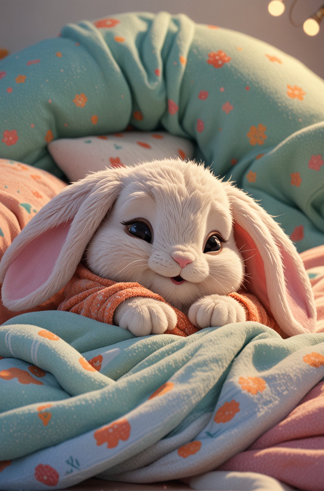 Cute cartoon style of a adorable little colourful Bunny, snuggled, curled up, smiling, sleeping with a little blanket, tiny bedroom, on a bed under the blanket, ethereal, soft, detailed, beautiful, cosy, cute, Pixar, snoozing, 3D render, UHD