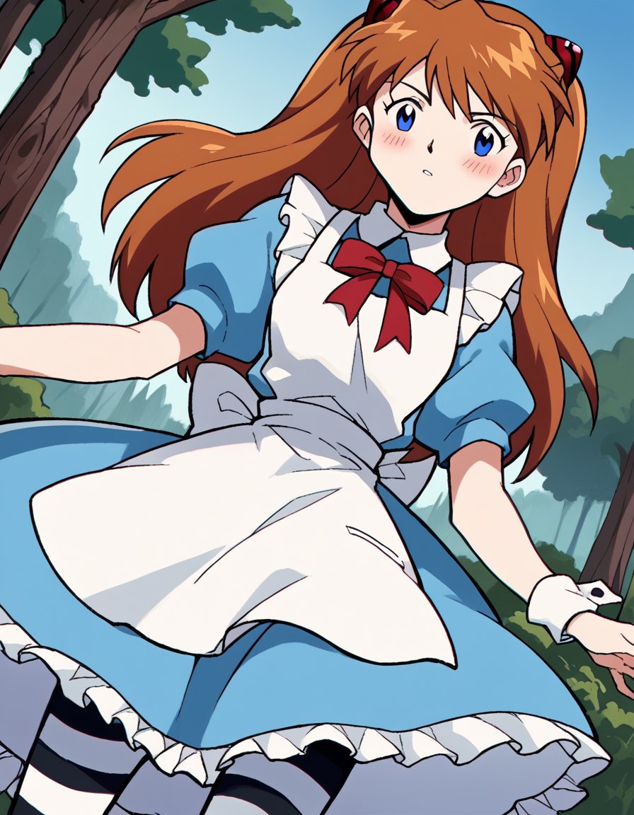 score_9, score_8_up, score_7_up, source_anime, asukalangleysoryu, <lora:asuka-langley-soryuu-classic-ponyxl-lora-nochekaiser:1>, asuka langley soryu, long hair, bangs, blue eyes, brown hair, hair ornament,, <lora:alice-cosplay-ponyxl-lora-nochekaiser:1>, alicecosplay alice \(alice in wonderland\) \(cosplay\), apron, black pantyhose, bloomers, blue dress, bow, dress, frilled apron, frilled dress, frills, puffy short sleeves, puffy sleeves, striped clothes, striped pantyhose, white apron, white bloomers, white pantyhose, wrist cuffs,, landscape, forest, blush,, cowboy shot, dutch angle, solo,