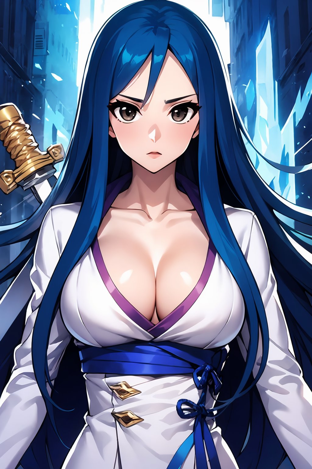 HDR,UHD,best quality,Highly detailed,masterpiece,Professional,black eyes,cangyue,1girl,solo,long hair,breasts,looking at viewer,cleavage,very long hair,blue hair,weapon,sword,katana,<lora:cangyue(meinahentai_v4):0.9>,