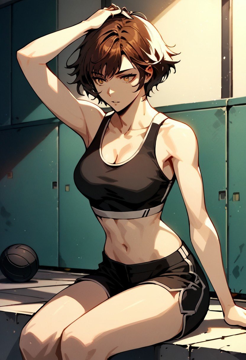 score_9,score_8_up,score_7_up,source_anime, Androssi Zahard,1girl,solo,breasts,navel,cleavage,bare shoulders,sitting,medium breasts,collarbone,parted lips,shorts,midriff,arm up,black shorts,tank top,sports bra,sportswear,hand on own head,black tank top,black sports bra,