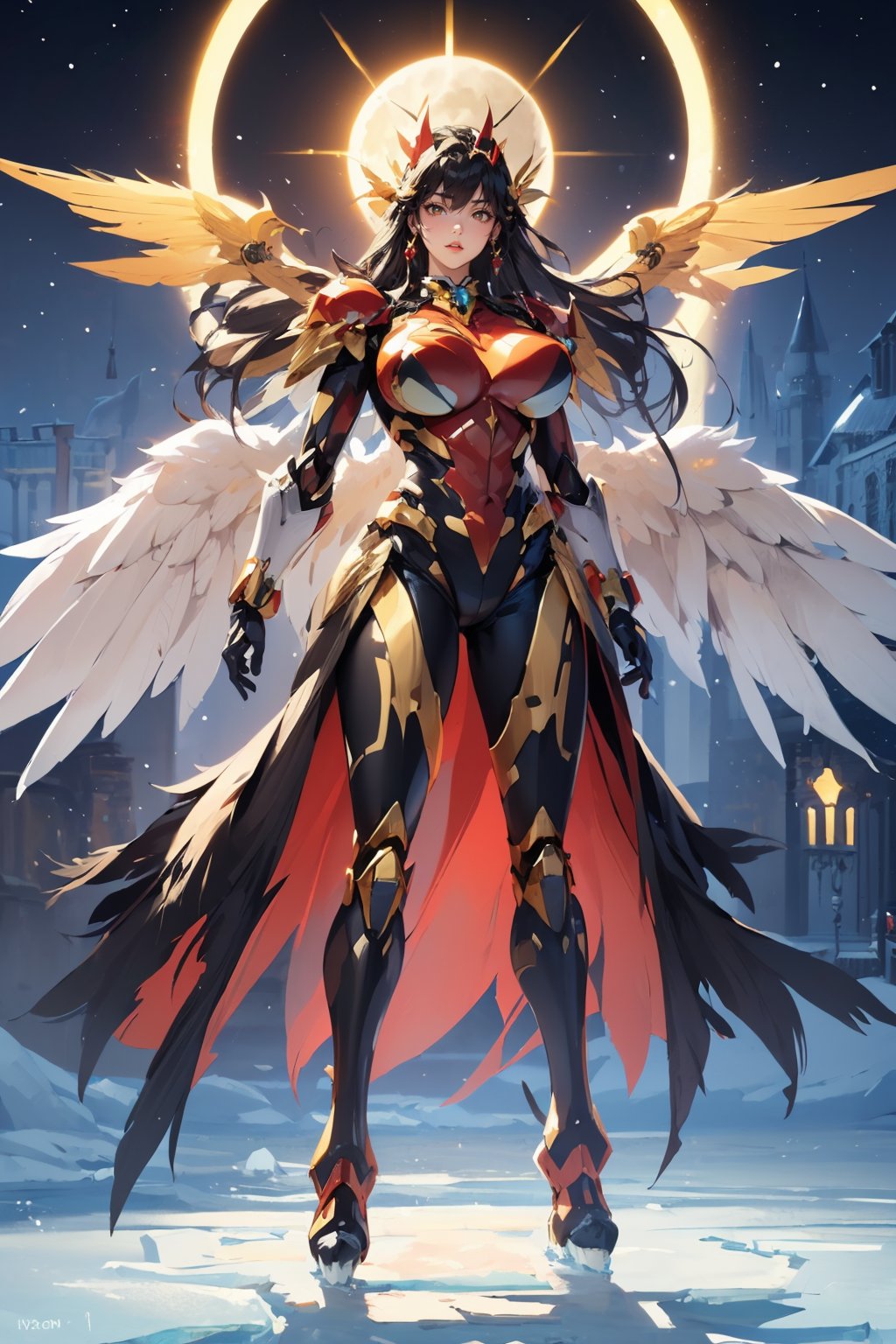 masterpiece,best quality,1girl,(super huge feather wings:1.4),black hair,sky,(woman mecha warrior,mighty and domineering,all body cool mecha,black and gold color scheme,red armor:1.4),(Standing outside the huge gates of the Ice Castle:1.3),look at viewer,floating hair,outdoor,(full body:1.5),(full moon:1.4),(ice castle:1.5),(snow:1.3),