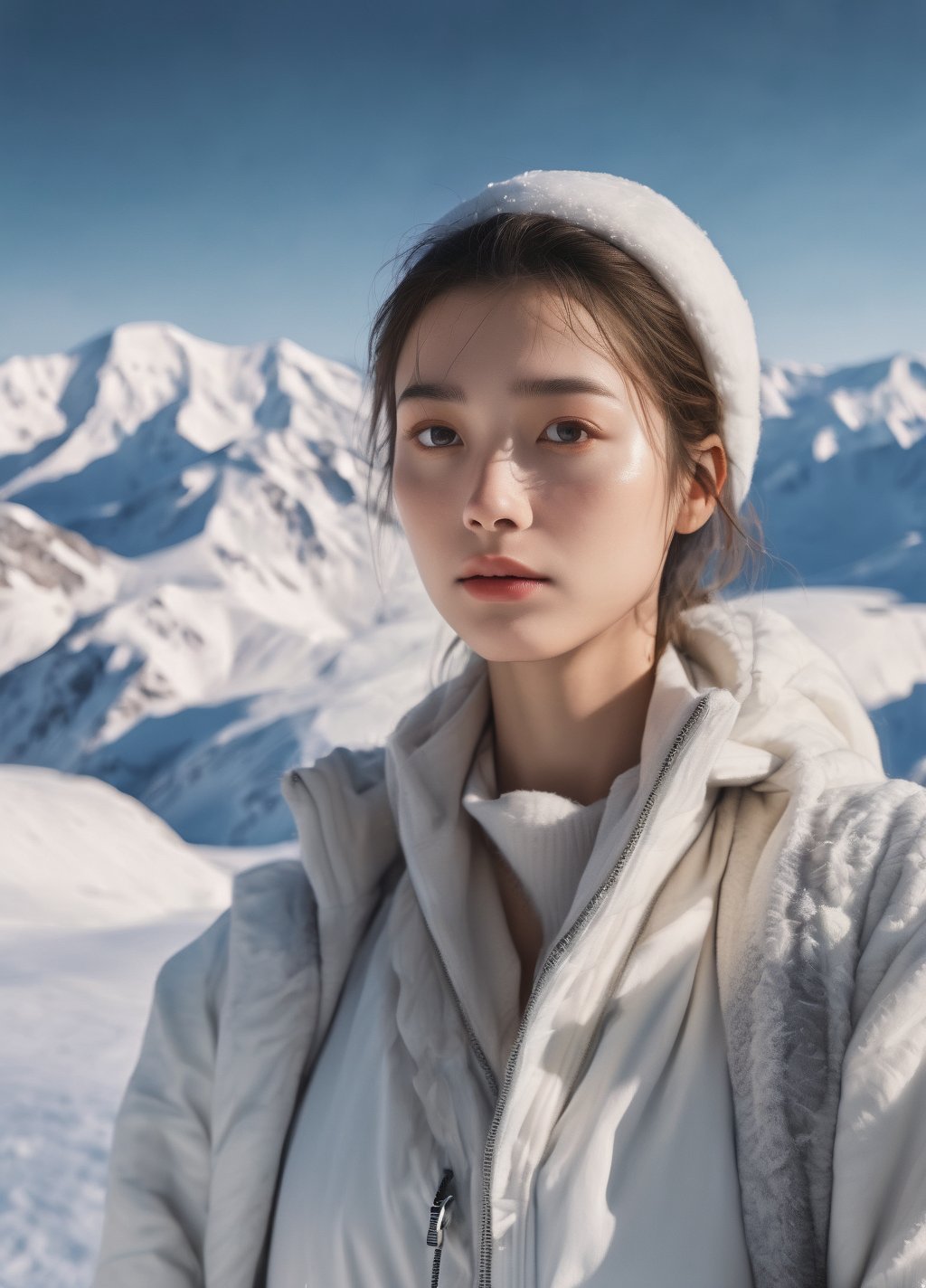 masterpiece,(best quality:1.3),ultra high res,raw photo,detailed skin,style: realistic pictures,1girl,chilly nature documentary film photography,snow mountain environment,natural light,a clear face,minor acne,