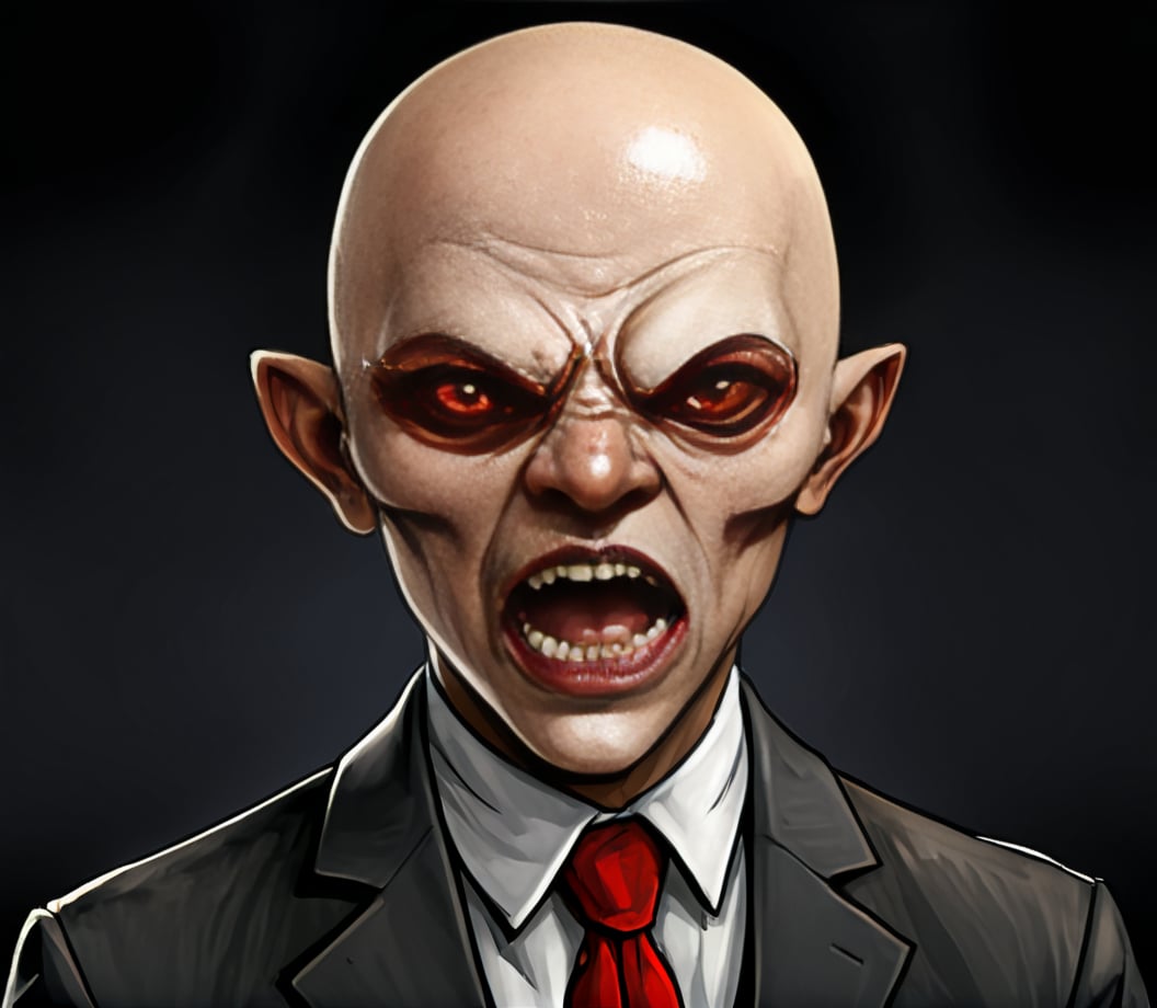 tcho-tcho,creepy,monster,red eyes,bald head,sharp teeth,snarling expression,close-up,male,fictional character,horror theme,high detail,digital painting,menacing look,dark background,muted colors,fantasy art.,cthulhu horror,bald,1boy,solo,male focus,colored sclera,suit,formal,fangs,necktie,open mouth,teeth,black sclera,realistic,red sclera,lovecraftian,Mythological creatures,<lora:kesulu-10:0.6>,