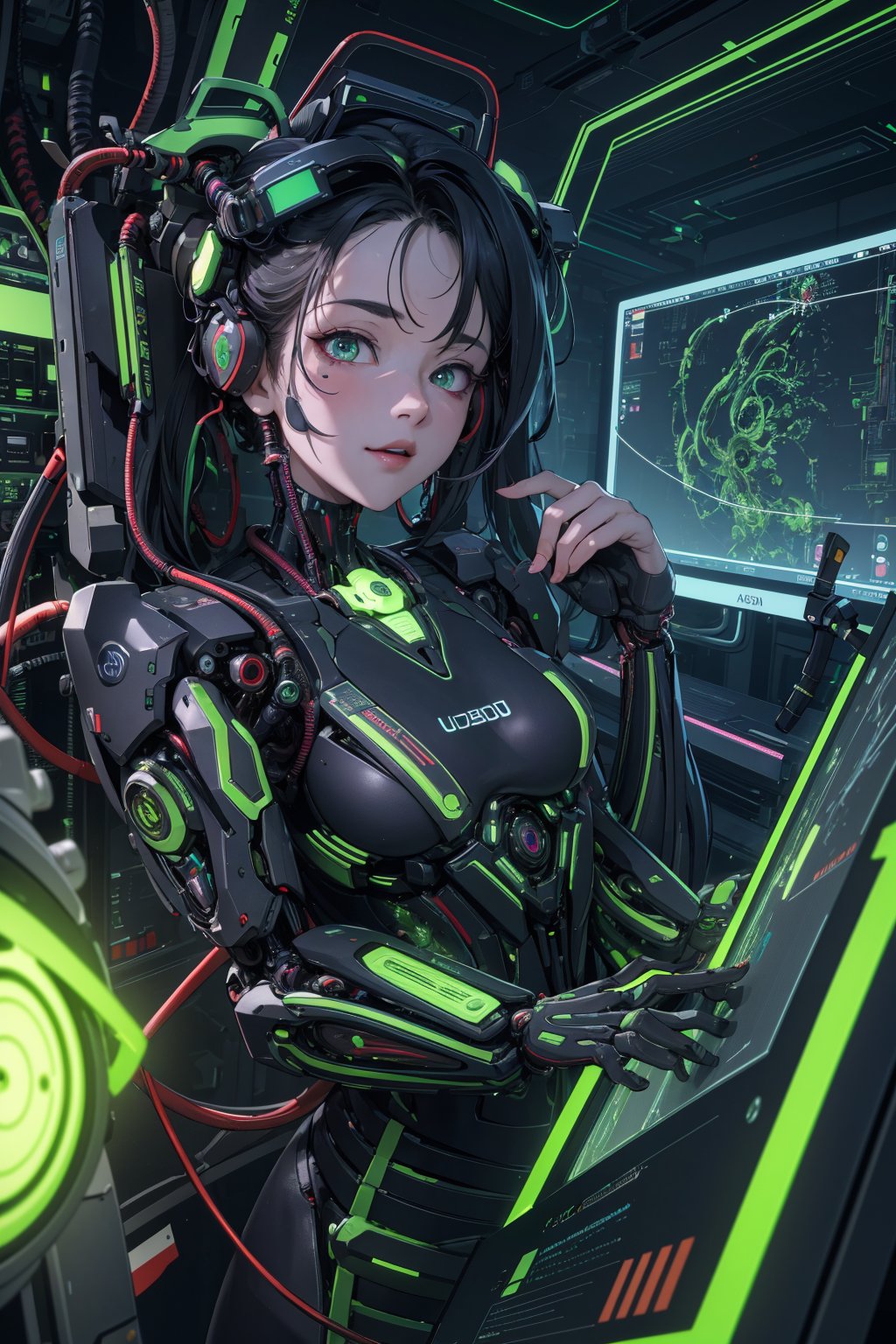 ((masterpiece)), ((best quality)), absurdres, 8k uhd, beautiful colors, insane detail,AI Shodan from System Shock biomechanical green electricity circuits breadboards looking at viewer electrical tubs hair cables plugged in