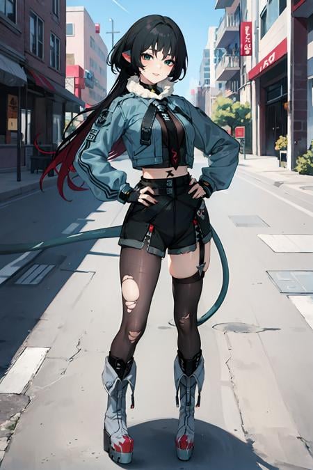 1girl, jane doe \(zenless zone zero\), fingerless gloves, black shorts, tail, cropped jacket, sports bra, single garter strap, single leg pantyhose, single thighhigh, necktie, long hair, platform boots, full body, standing, seductive smile , looking at viewer, hand on hip, outdoors, street