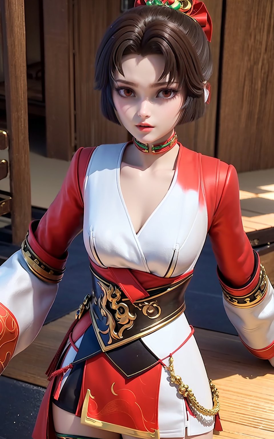 hair ornament,short hair,choker,jewelry,long sleeves,sash,thighhighs,chinese clothes,red and white,<lora:yun:1>,, (masterpiece, best quality, high quality, highres:1.2),8k,detail,CG,3d,
1girl,solo,pale skin,
detailed shadow,(glossy),(shiny skin),