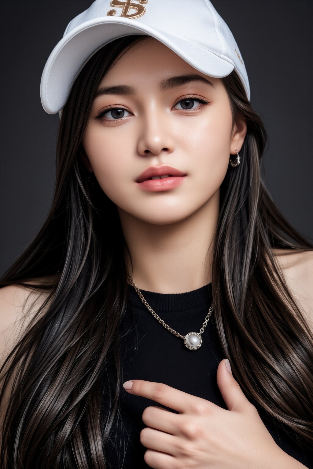 1girl, solo, long hair, looking at viewer, Beautifull eyes, hat, hair between eyes, closed mouth, jewelry, bare shoulders, upper body, long hair, earrings, off shoulder, from below, lips, ear piercing, baseball cap, hair behind ear, black sweater