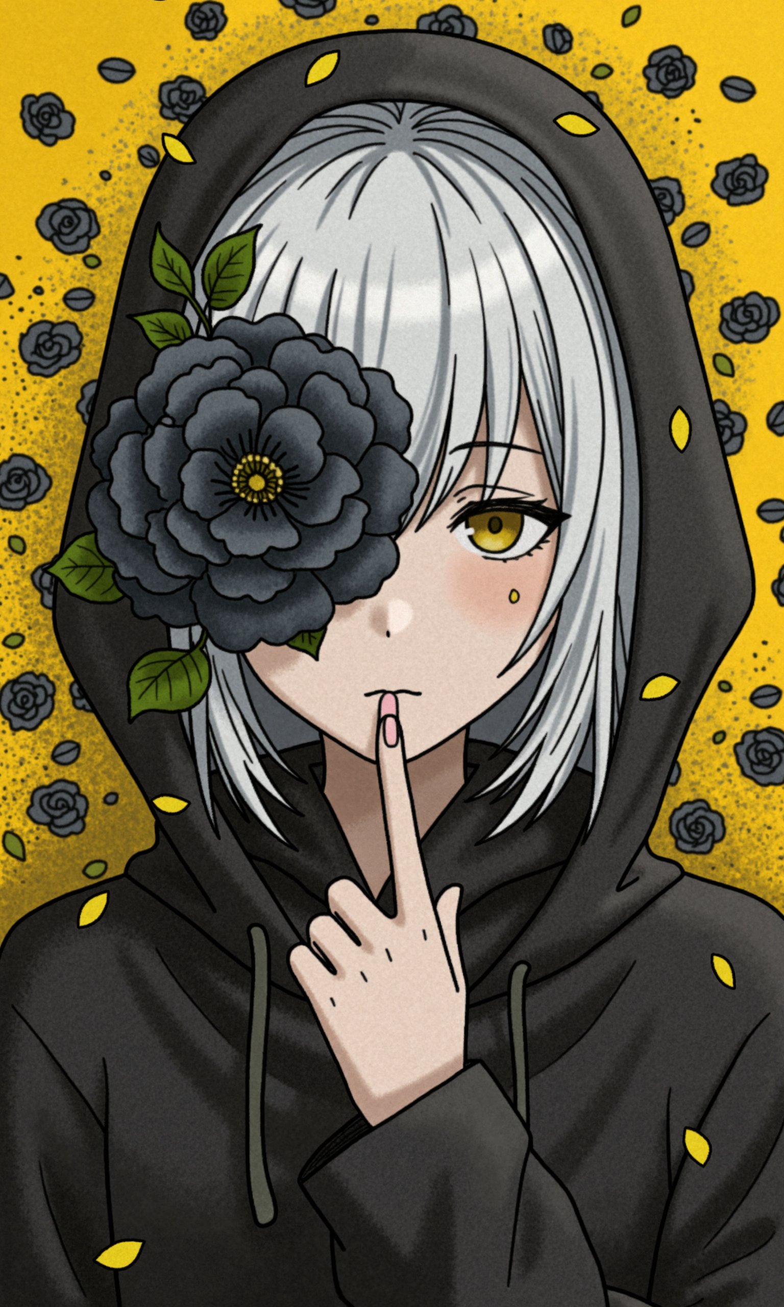 This acrylic style painting is extremely expressive and presents a dynamic and emotional quality. This is a piece of anime art that depicts a stylized portrait of a woman with an ethereal black and yellow mist surrounding her body. The mist creates a dramatic and surreal effect. A blooming black flower covers one eye on the face. White hair sets off the woman's cold beauty. The woman in the anime artwork is shrouded in shadows and the lighting accentuates her unique features. The background is yellow and black and covered with black rose petals. Fingers are placed on lips in a shhh, shhh motion,