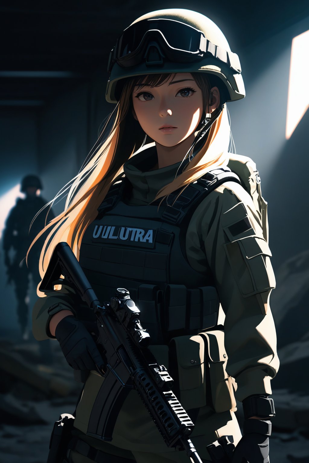 ((combat gear, military combat gear, military)), (ultra-detailed, inperfect skin),standing in a warzone, in front of the camera,(masterpiece, best quality, best shadow), high contrast, (best illumination), ((cinematic light)), colorful, hyper detail, dramatic light, intricate details, (1 girl, solo, sharp face) , ultra detailed artistic photography, shadows, ultra high definition, 8k, ultra sharp focus, long hair, ultra high quality model, soft lighting, film photography, analogue photography, cowboy shot, volumetric lighting