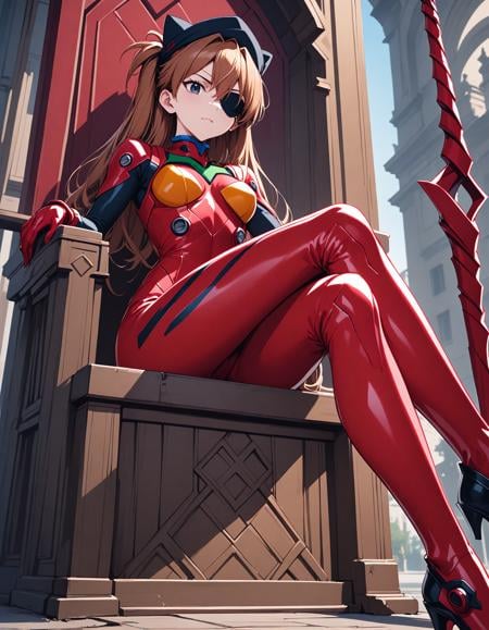 1girl, souryuu asuka langley, neon genesis evangelion, rebuild of evangelion, lance of longinus, cat hat, plugsuit, pilot suit, red bodysuit, sitting, crossed legs, black eye patch, throne, looking down, from bottom, looking at viewer, outdoors,, (masterpiece:1.2),(best quality:1.2),newest, intricate details,  ai-generated,