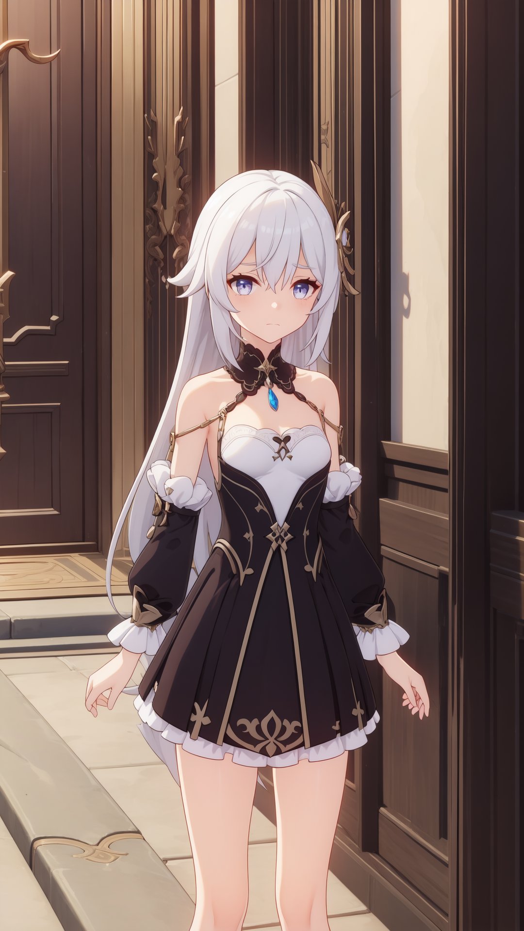 masterpiece, best quality, dark dress, (sad:1.1), emphaty, long torn hair, White hair, Lowered straps and top, (Super small breast:1.2), <lora:yutamix-extra-genshin:0.6>, yutamix-extra-genshin