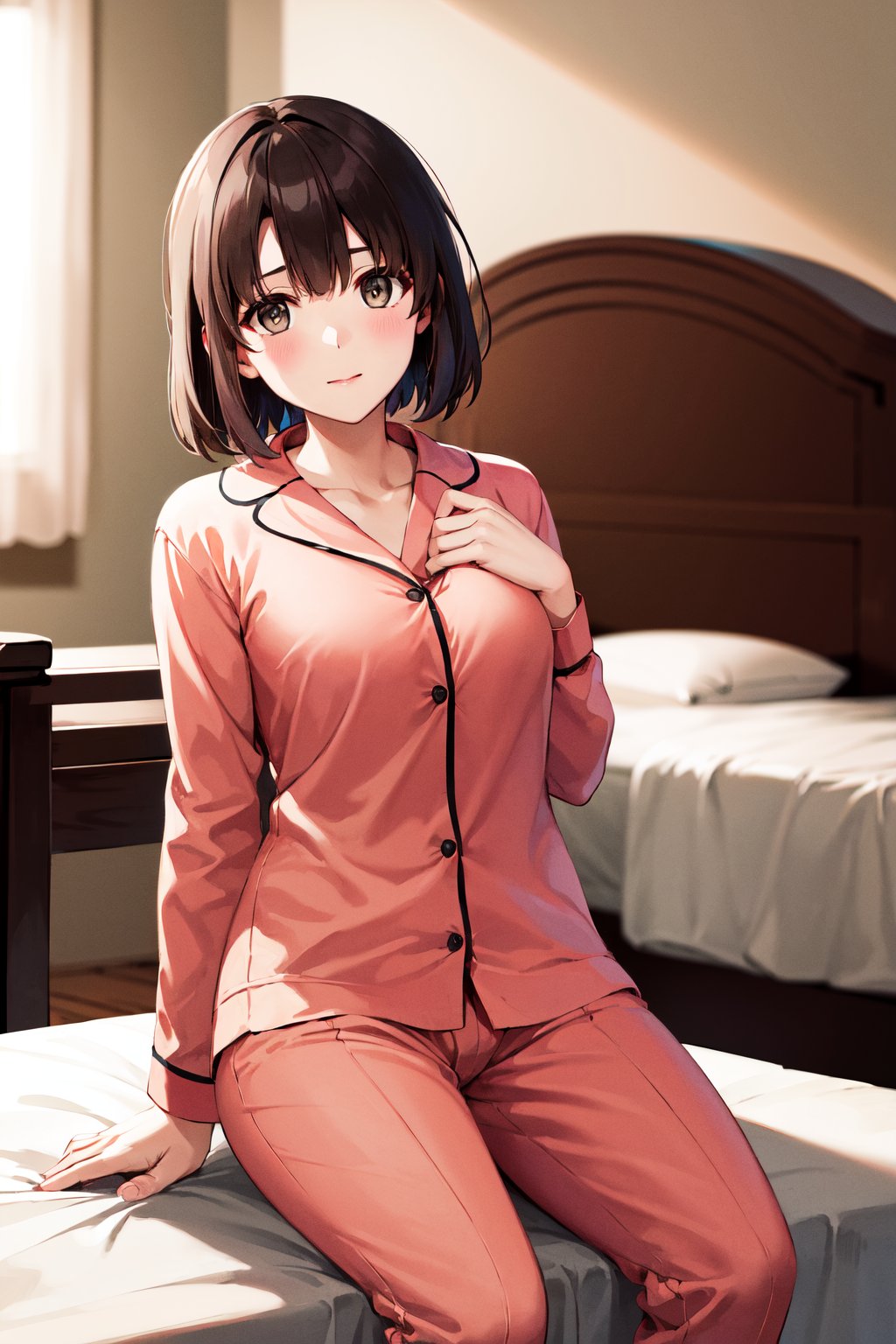 masterpiece, best quality, highres, aamegumi, short hair, <lora:katou_megumi_v2:0.7>, pajamas, rooms, on bed