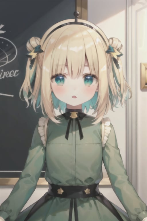 (masterpiece, best quality), vtuber-halfbody, blonde hair, green eyes, long sleeves, double hair bun, green shirt, puffy long sleeves, dress, puffy sleeves, frills, green dress,  star hair ornament, skirt, shirt, black hairband, upper body, (white backgound), <lora:vtuber-poses-05:1>, <lora:amanoPikameeLocon_v1:0.9> 