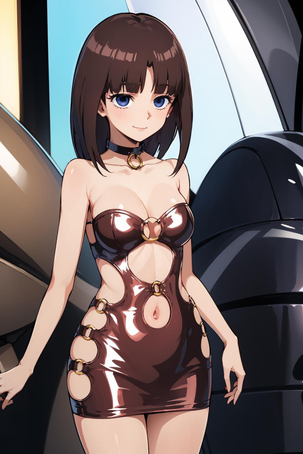 masterpiece,high quality,highres,1girl,solo,<lora:tifa-gundamx-v2-wasabiya:1>,tifax,brown hair,blue eyes,long hair,smile,<lora:bodycon-cutout-v1-wasabiya:1>,bodyconc,cleavage,strapless,pink  dress,o-ring,bare shoulders,white background,navel cutout,