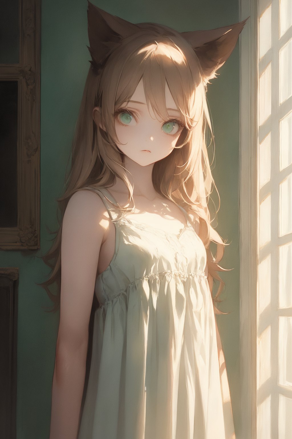 absurdres, elaborate, softly illustration, softly atmosphere, softly color pencil illustration, hyper quality, hyper detailed, (1 Very Cute Girl:1.3), solo, cat ears, pale brown hair, green eyes, white camisole, expressionless